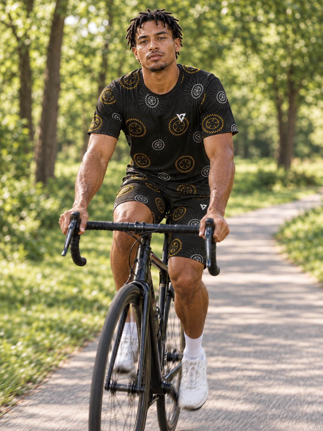 Cycling Gold Rush Chainring Men's Athletic Shorts with Pockets, in action
