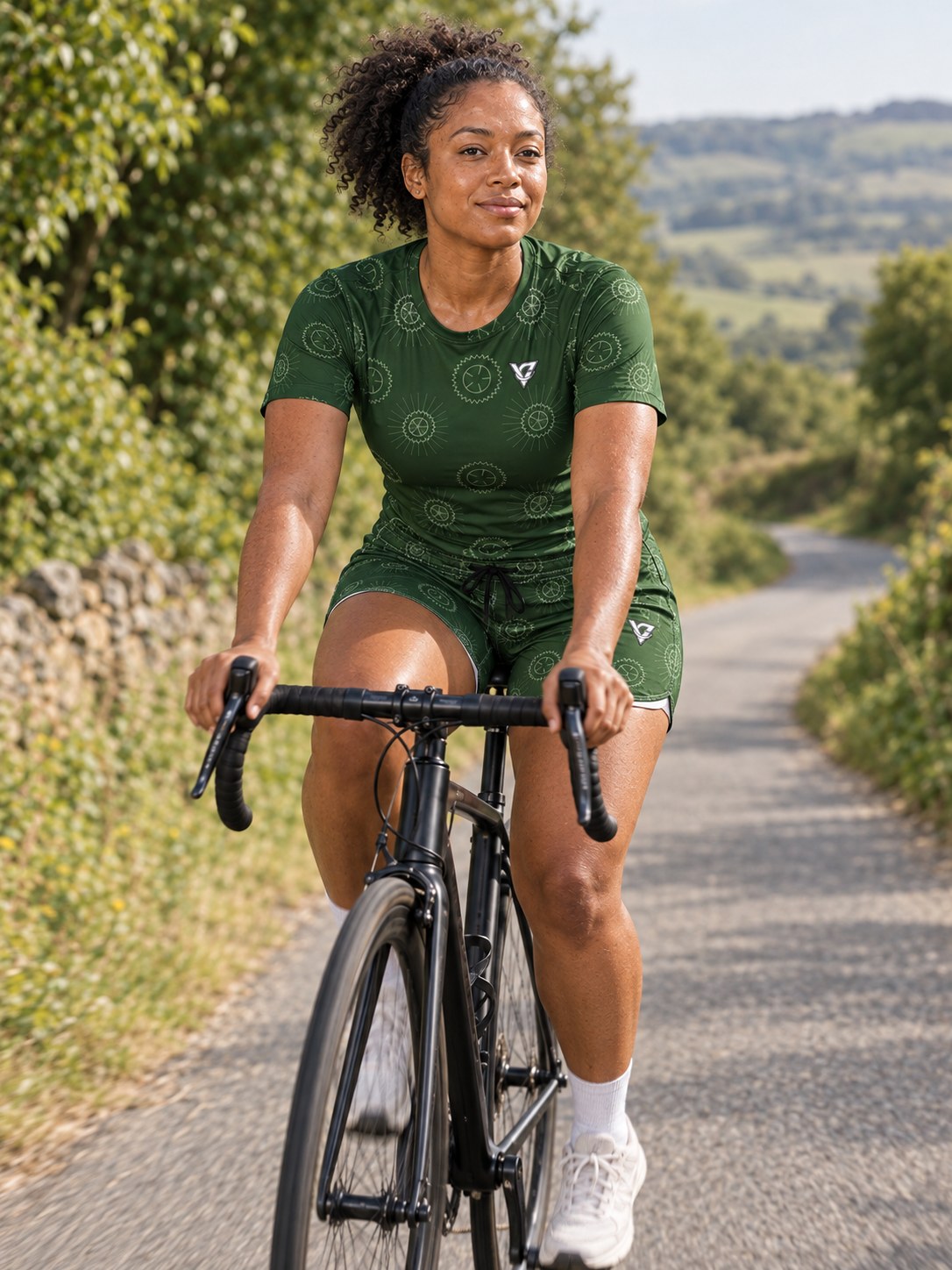 Cycling Forest Camo Chainring Women's Athletic Shorts with Pockets, in action