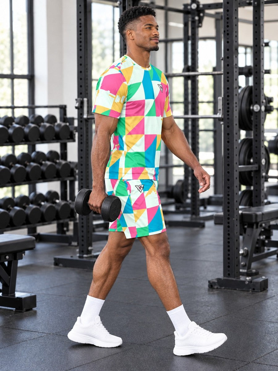 Training & Gym Mint Sorbet Prism Block Men's Athletic Shorts with Pockets - side view