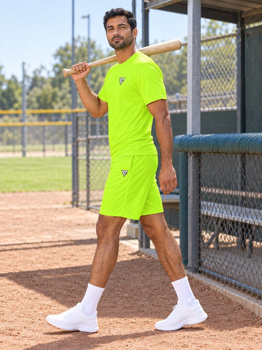 Vantacore Solid Lime Green Men's Athletic Shorts with Pockets - side view