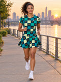 Running Peacock Checker Drive Women's Athletic Skater Skirt - front view