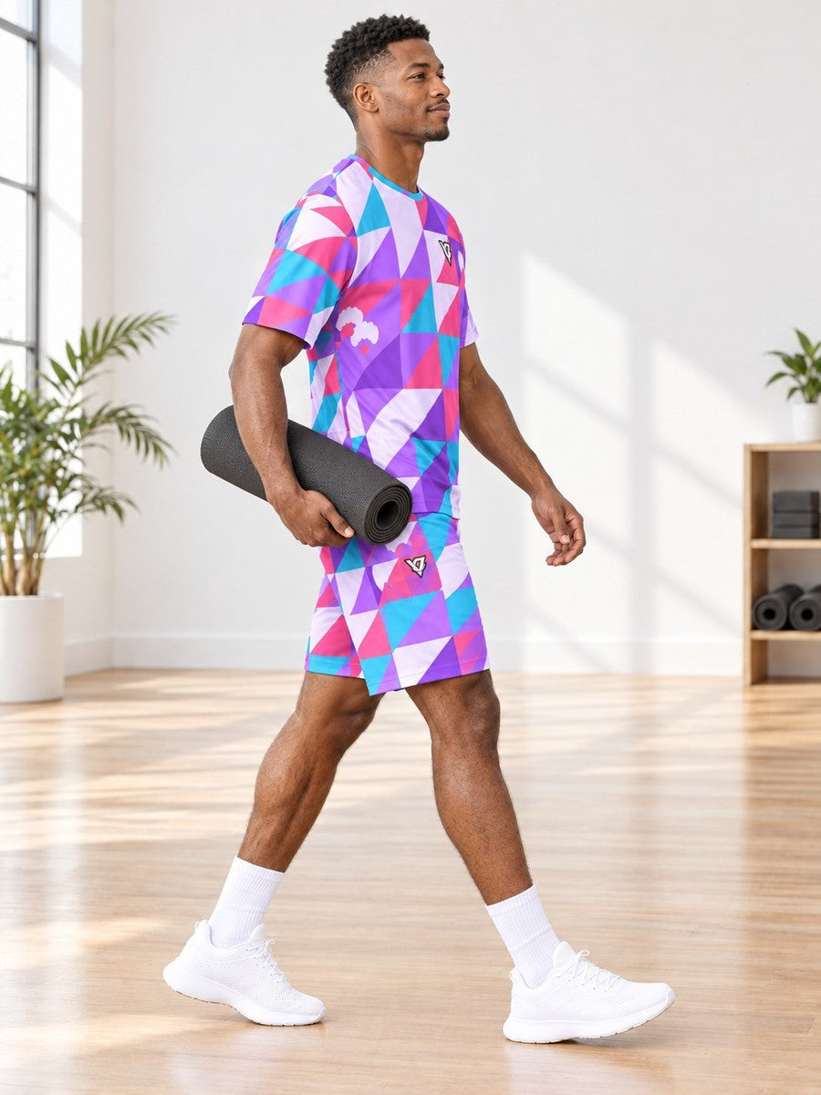 Yoga Lilac Wave Prism Block Men's Athletic Shorts with Pockets - side view
