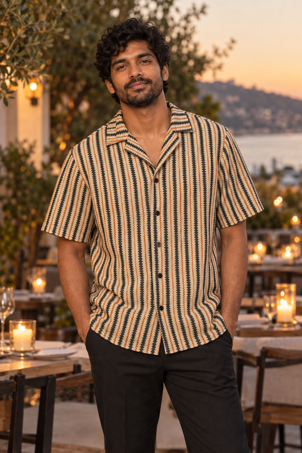 Ember Jacquard Stripe button-up shirt worn out at night