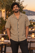 Ember Jacquard Stripe button-up shirt worn out at night