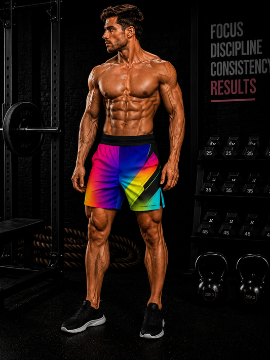 Men's Vibrant Rainbow Gradient Geometric Jogger Athletic Shorts – No Pockets