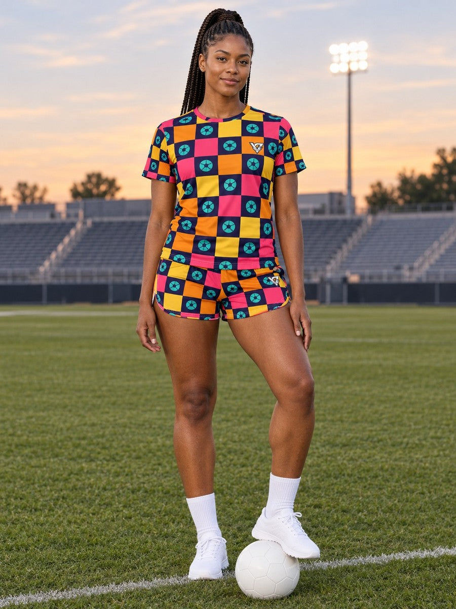 Soccer Electric Mango Checker Drive Women's Athletic Shorts with Pockets - front view