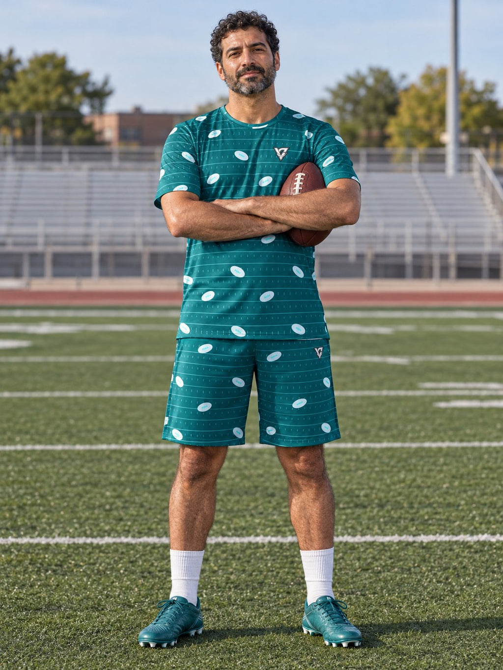 Football Teal Wave Gridiron Men's Athletic Shorts with Pockets, front view