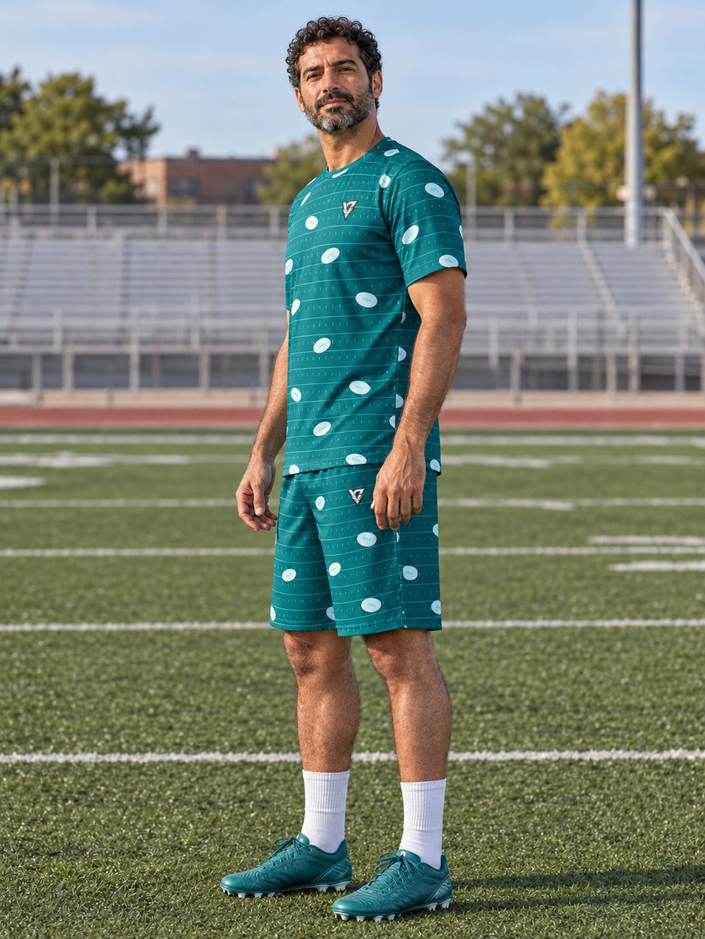 Football Teal Wave Gridiron Men's Athletic Shorts with Pockets, side view