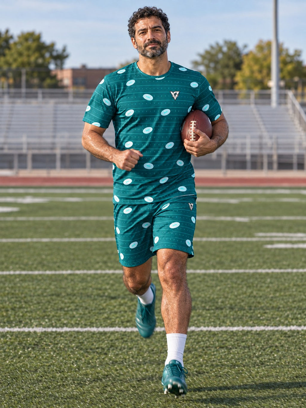 Football Teal Wave Gridiron Men's Sports Jersey, in action