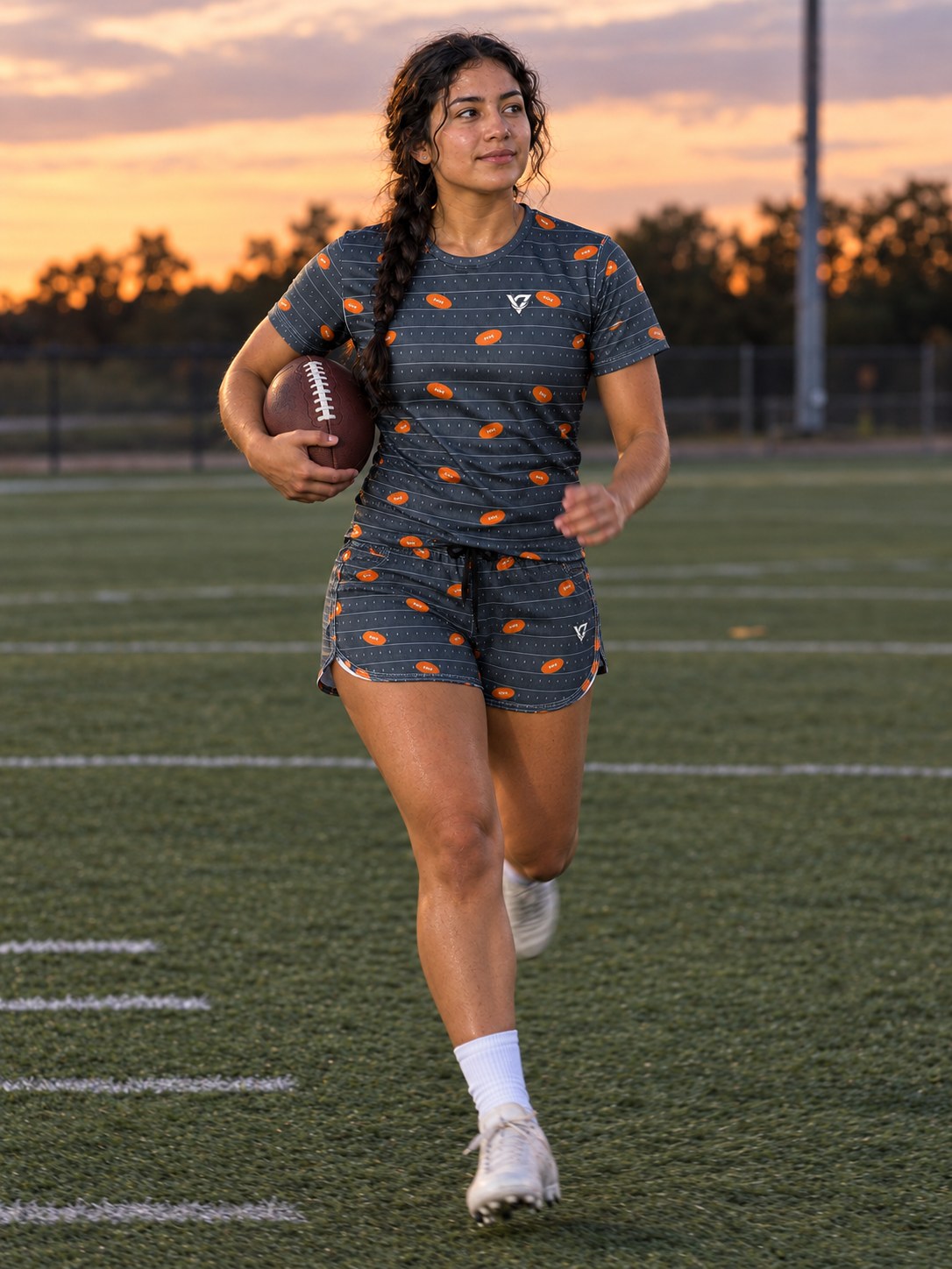 Football Slate Storm Gridiron Women's Athletic Shorts with Pockets, in action