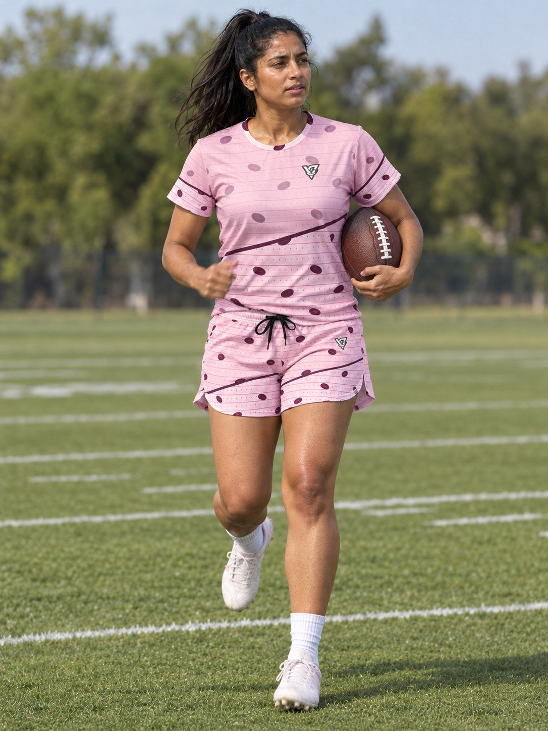 Football Blush Rose Gridiron Women's Sports Jersey, in action