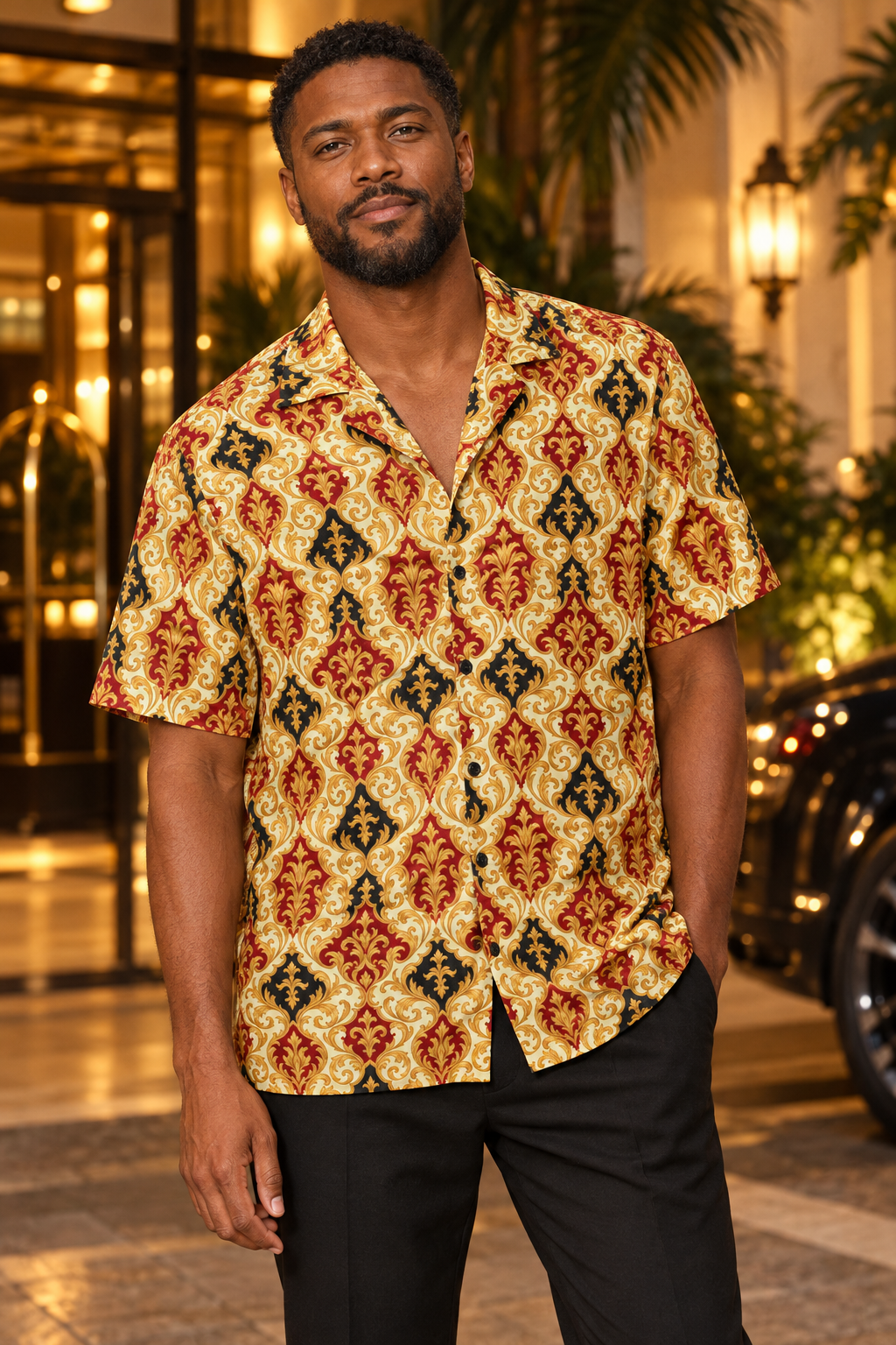 Gold Flame Baroque button-up shirt worn out at night