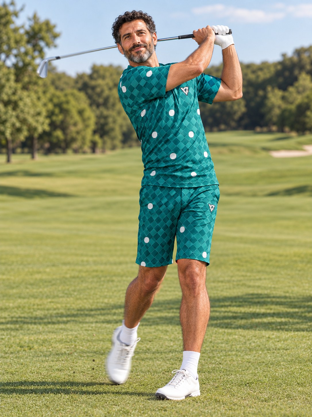 Golf Teal Wave Dimple Links Men's Athletic Shorts with Pockets, in action