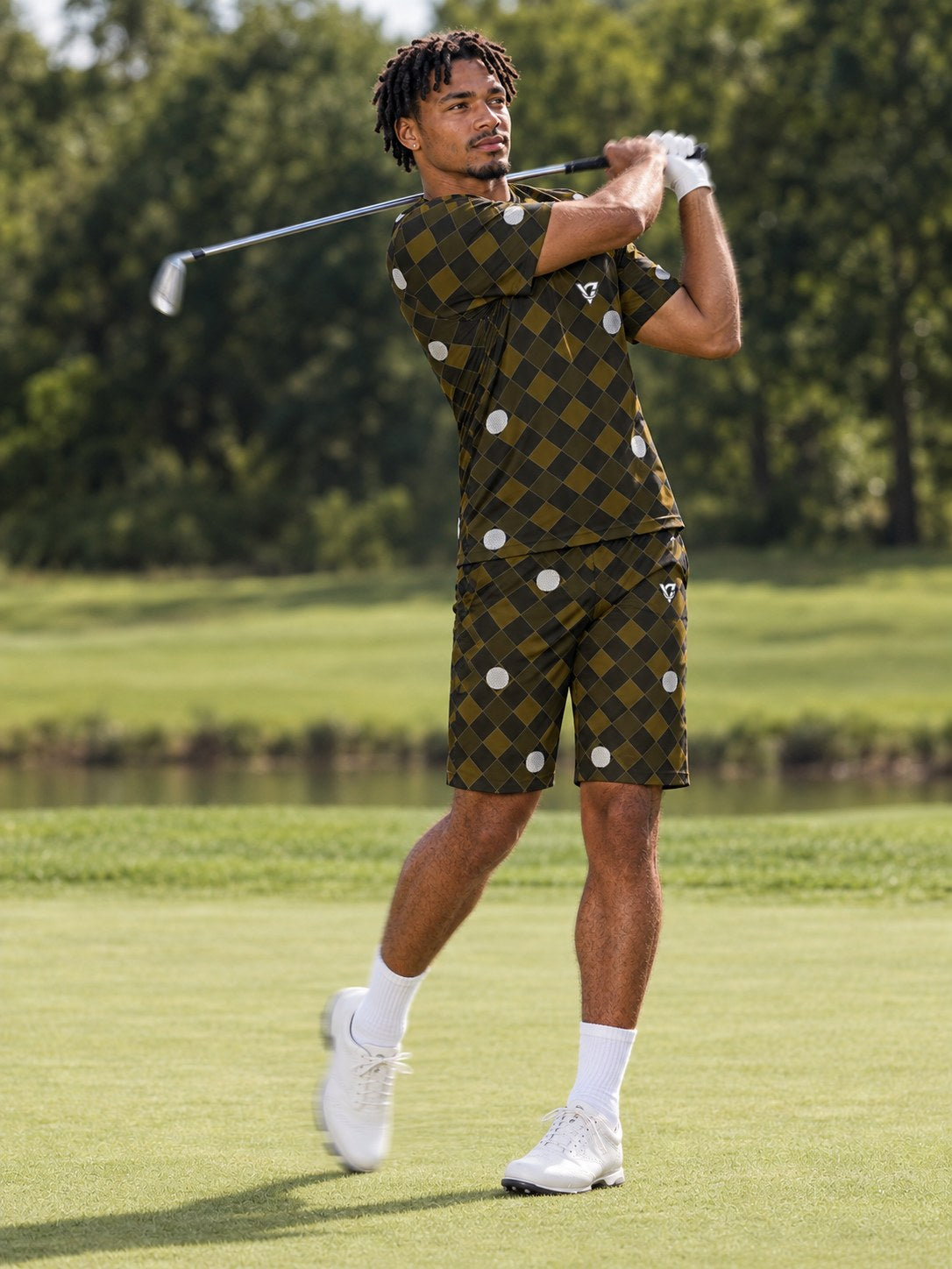 Golf Gold Rush Dimple Links Men's Athletic Shorts with Pockets, in action