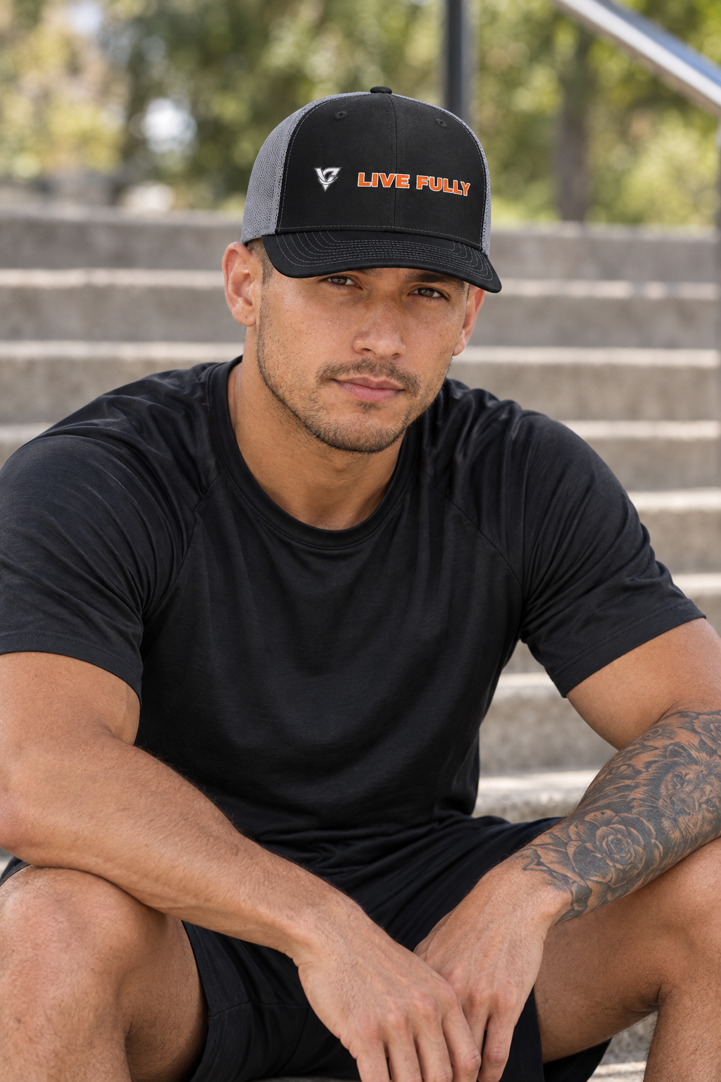 Live Fully structured trucker snapback cap with a mesh back worn on a model