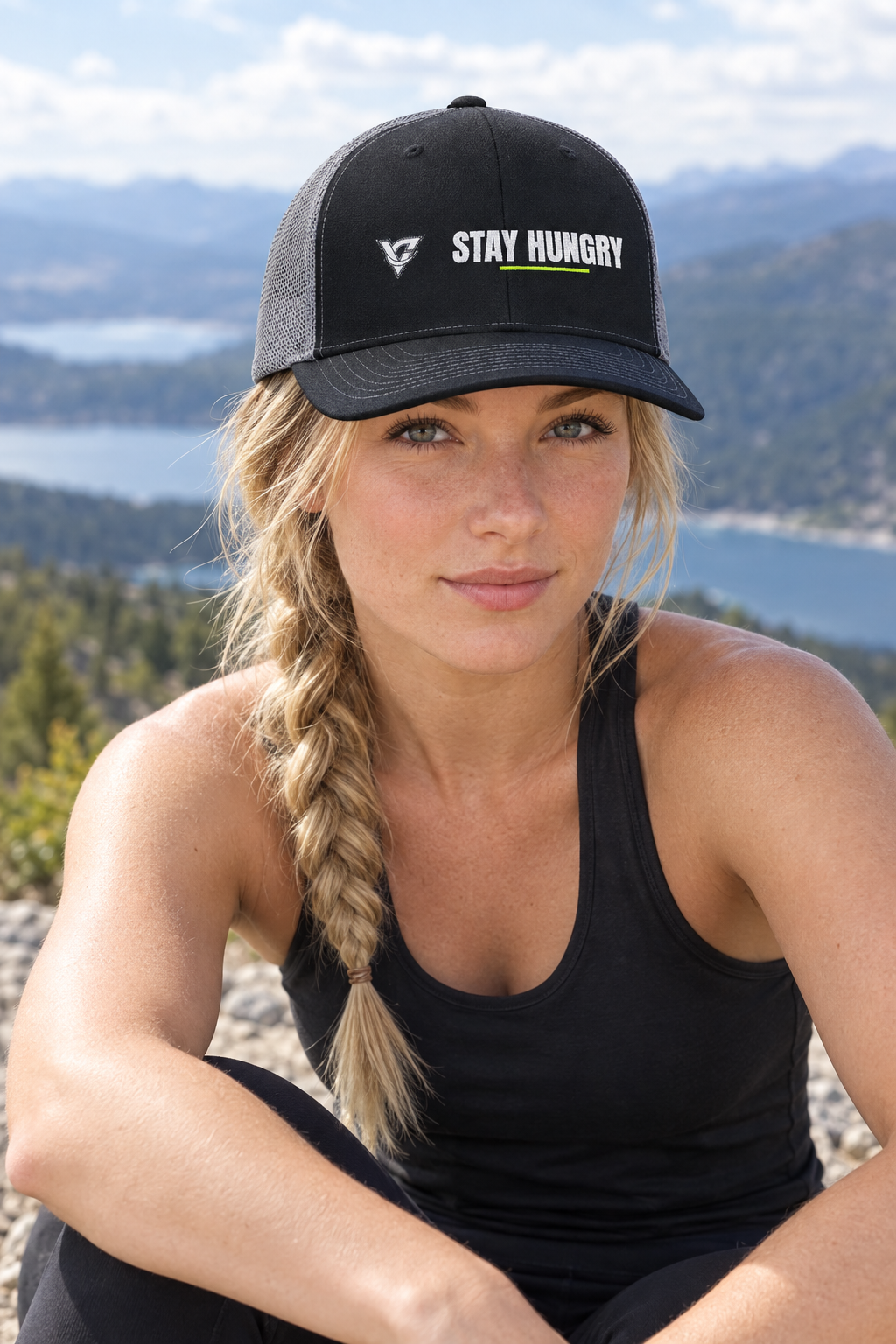 Stay Hungry structured trucker snapback cap with a mesh back worn on a model