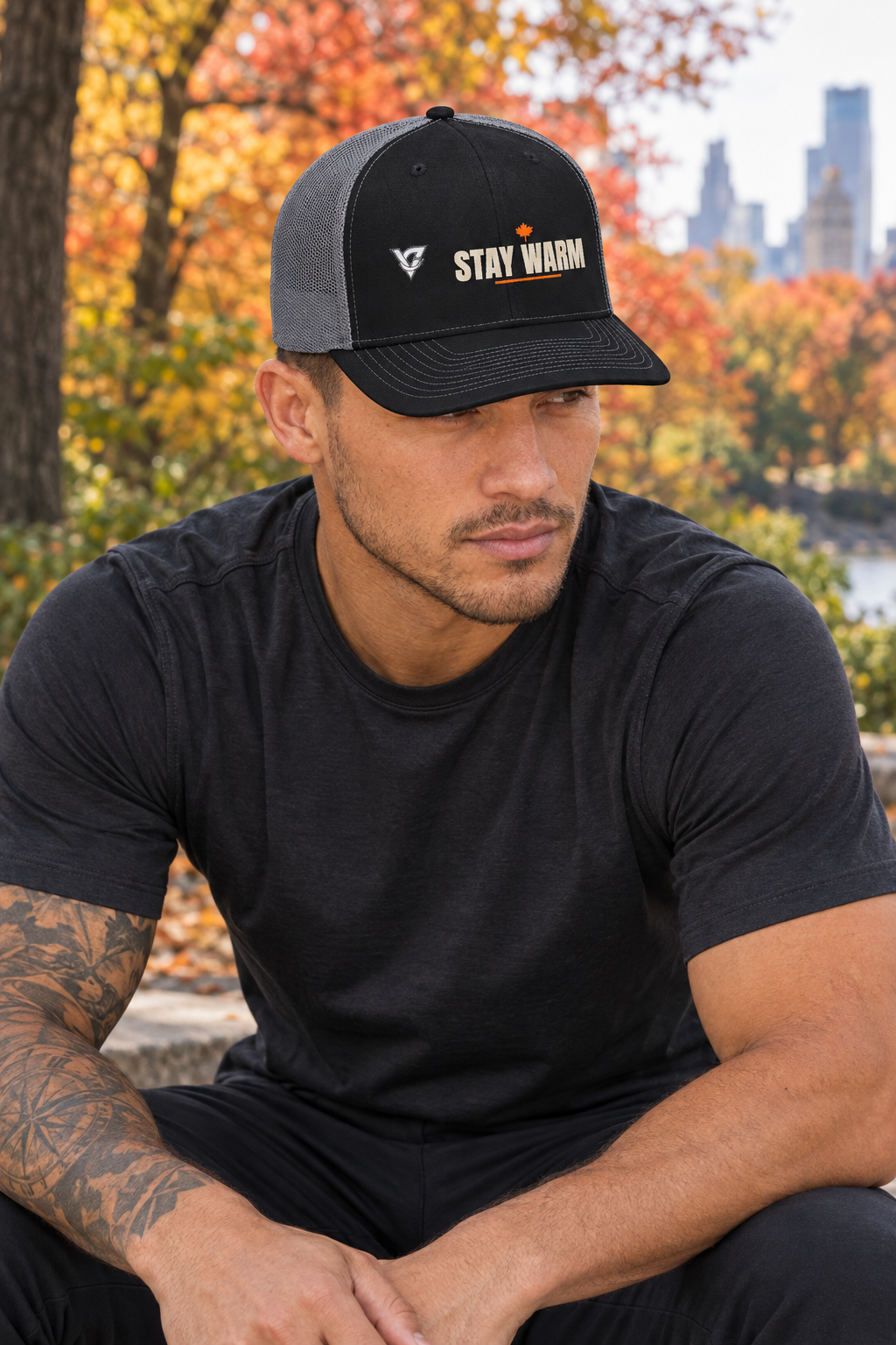 Stay Warm structured trucker snapback cap with a mesh back worn on a model