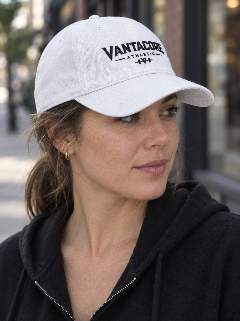 Vantacore Athletic Low Profile Baseball Cap – white dad hat, worn, side view