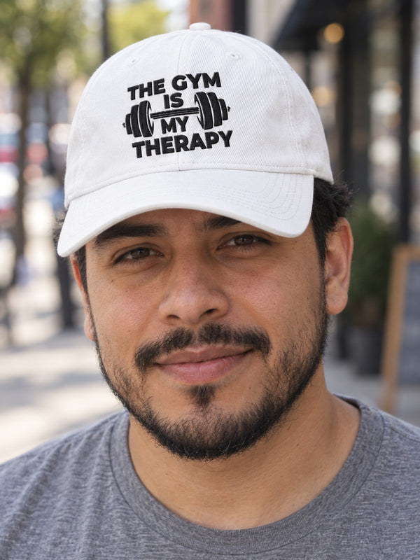 The Gym Is My Therapy Embroidered Low Profile Baseball Cap | Adjustable Cotton Dad Hat for Men & Women
