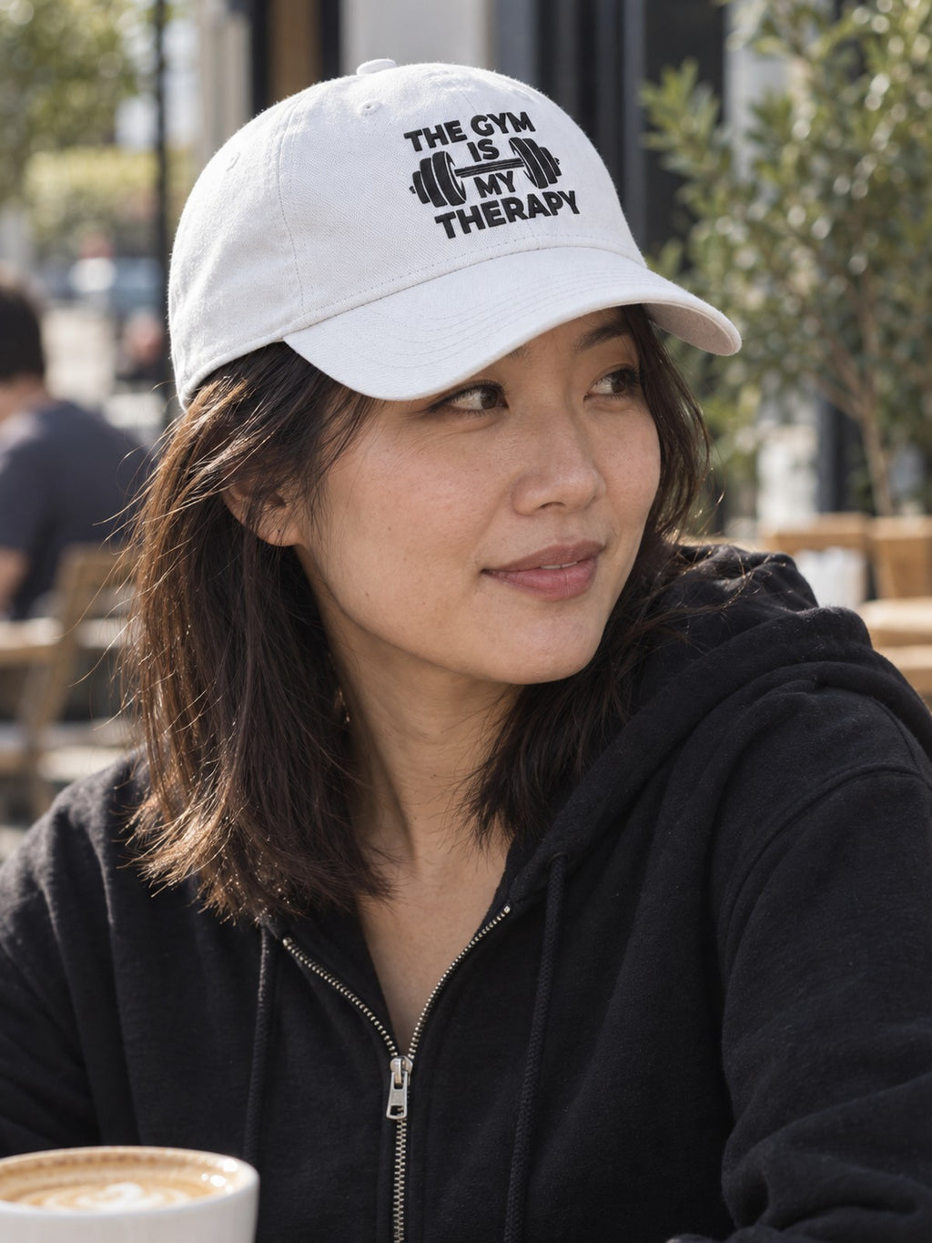 The Gym Is My Therapy Embroidered Low Profile Baseball Cap – white dad hat, worn, side view