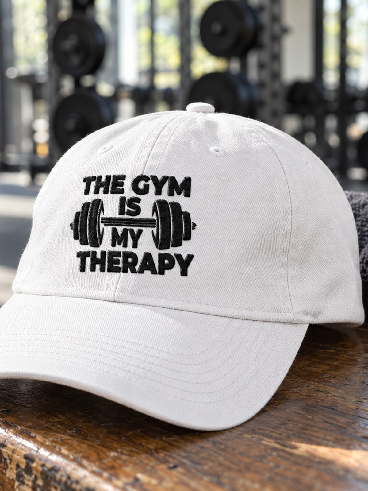 The Gym Is My Therapy Embroidered Low Profile Baseball Cap – white dad hat, product close-up
