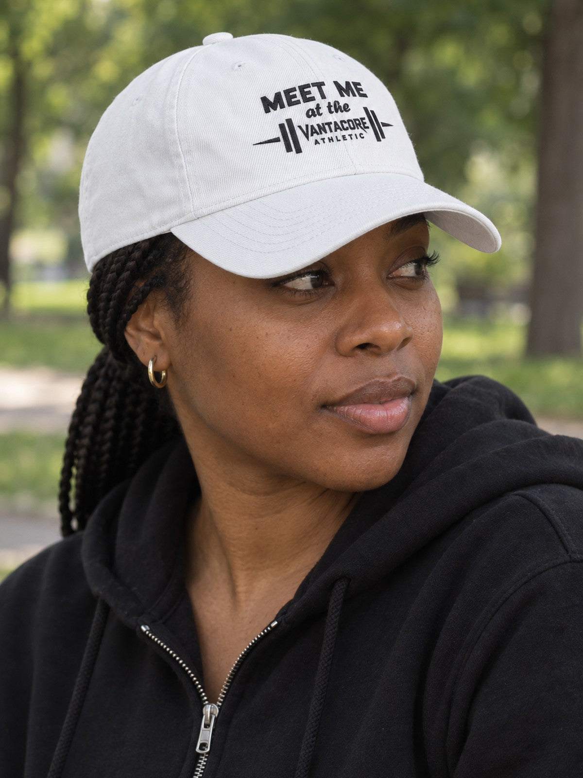 Meet Me at the Gym Embroidered Low Profile Baseball Cap – white dad hat, worn, side view