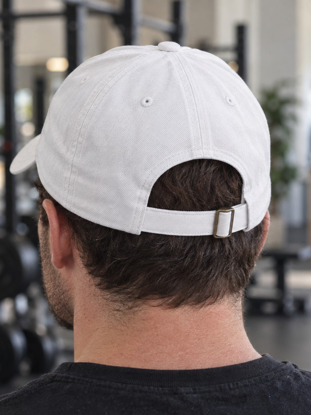 Meet Me at the Gym Embroidered Low Profile Baseball Cap – white dad hat, back strap view