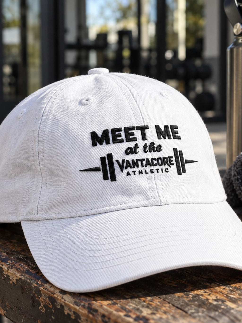 Meet Me at the Gym Embroidered Low Profile Baseball Cap – white dad hat, product close-up