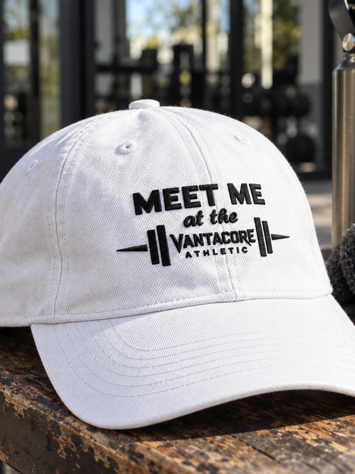 Meet Me at the Gym Embroidered Low Profile Baseball Cap – white dad hat, product close-up