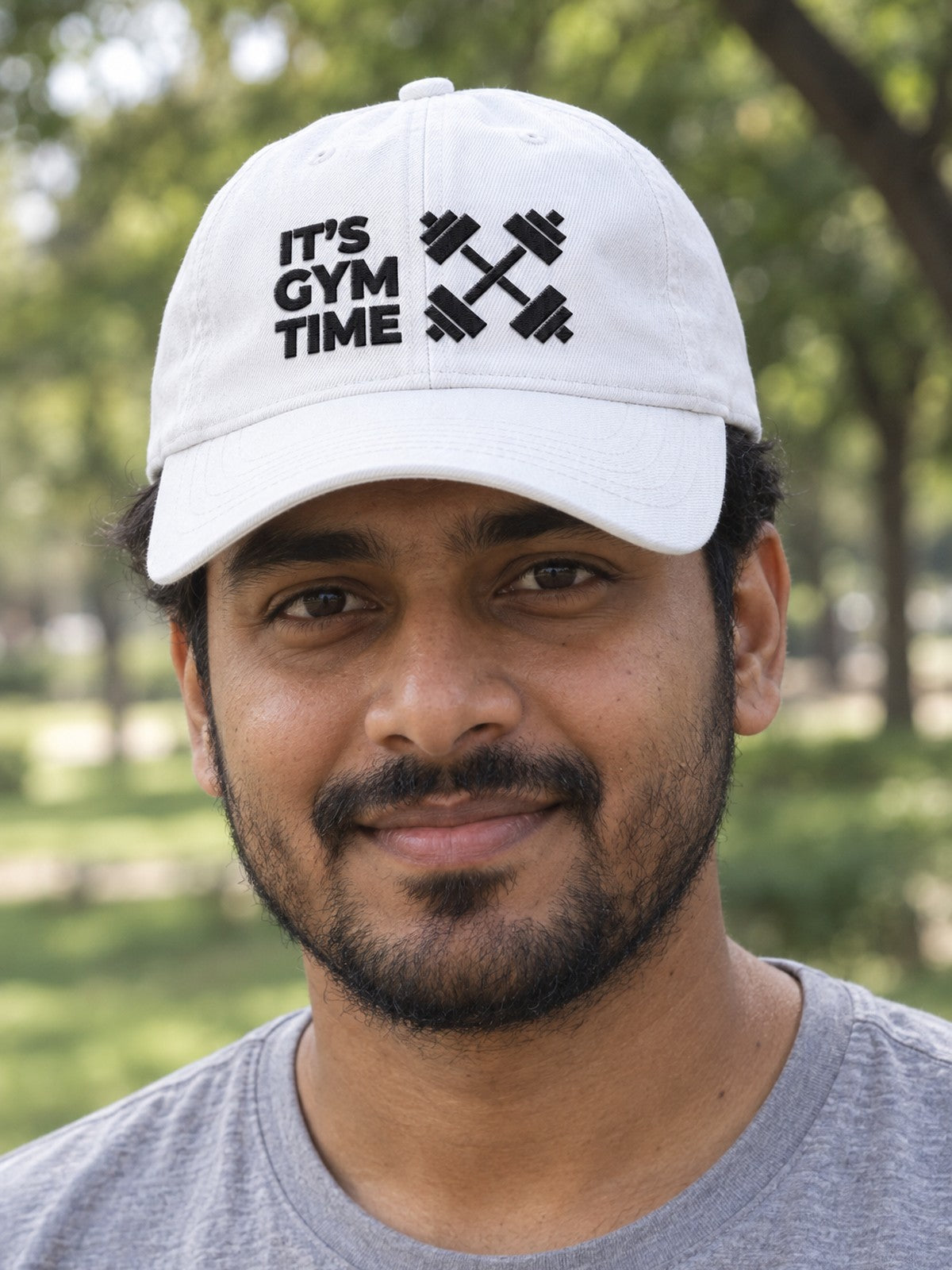 It's Gym Time Embroidered Low Profile Baseball Cap – white dad hat, worn, front view