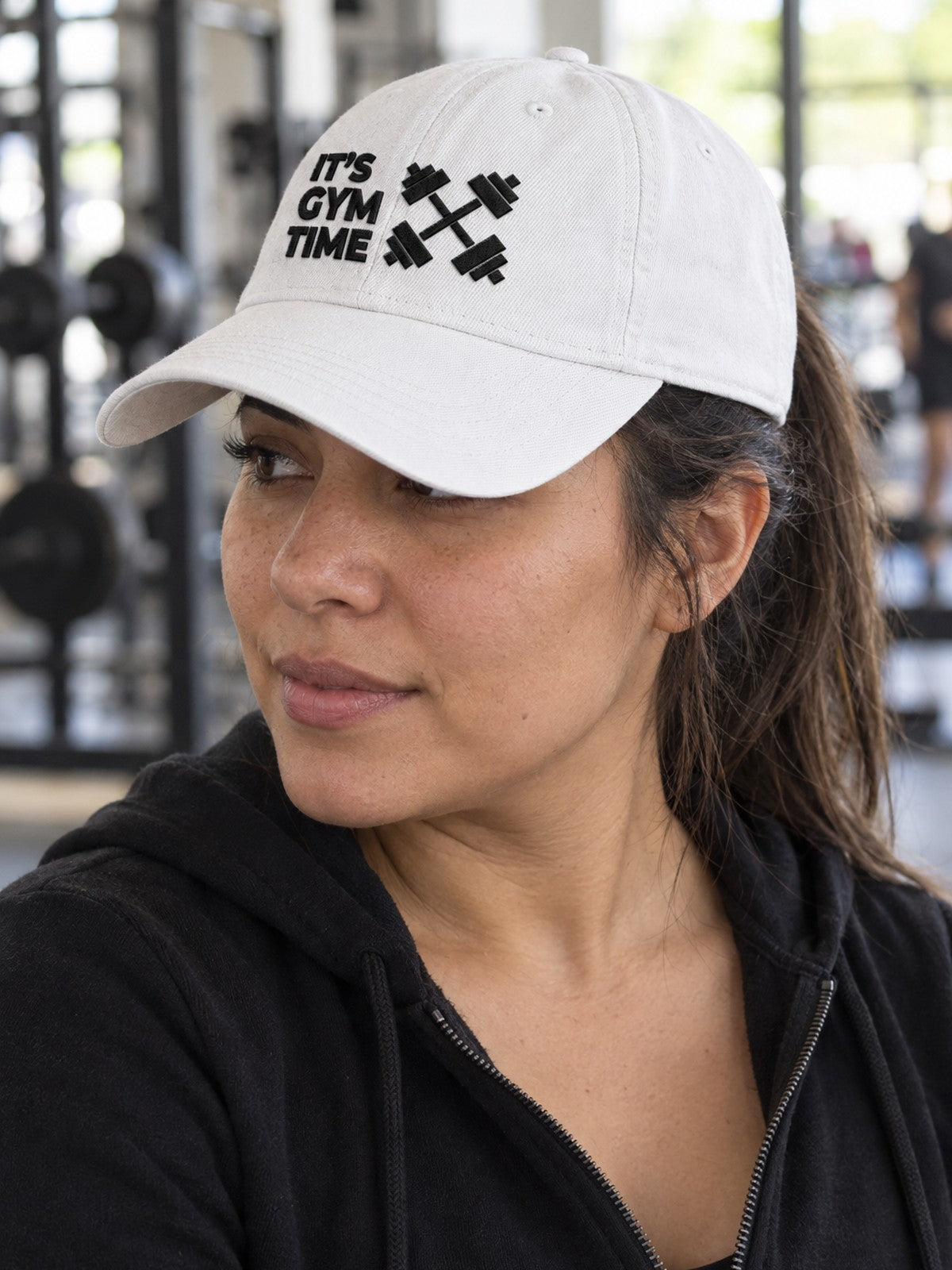 It's Gym Time Embroidered Low Profile Baseball Cap – white dad hat, worn, side view