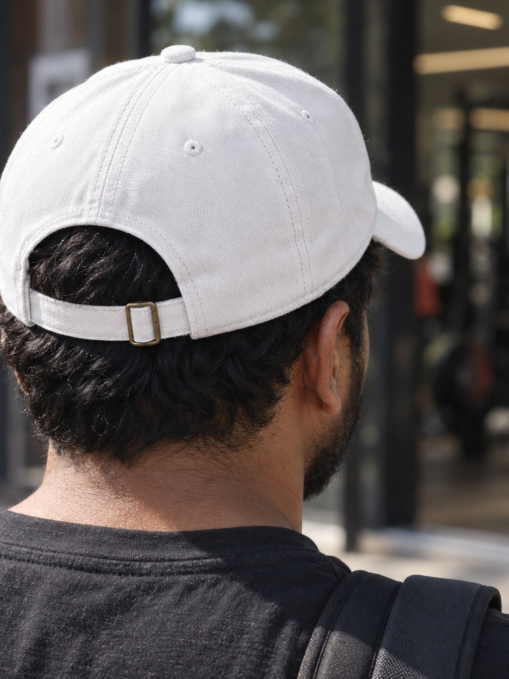 It's Gym Time Embroidered Low Profile Baseball Cap – white dad hat, back strap view