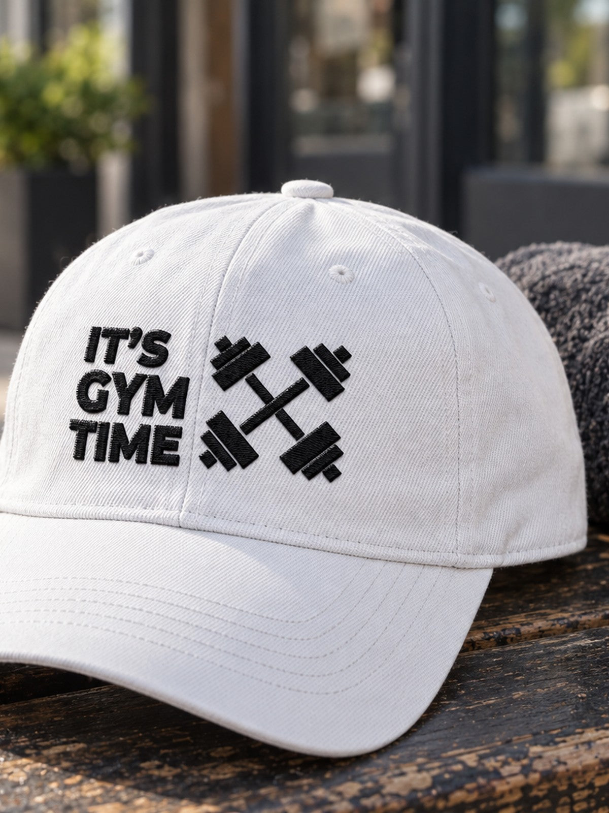 It's Gym Time Embroidered Low Profile Baseball Cap – white dad hat, product close-up