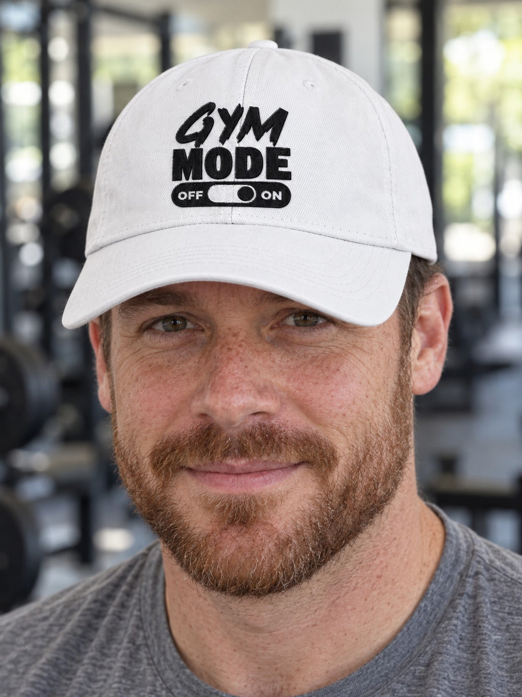Gym Mode Embroidered Low Profile Baseball Cap – white dad hat, worn, front view