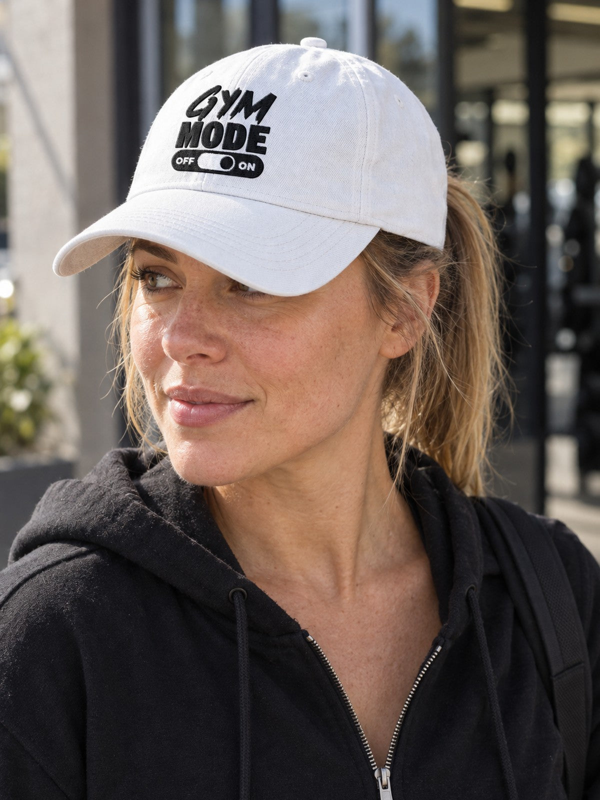 Gym Mode Embroidered Low Profile Baseball Cap – white dad hat, worn, side view