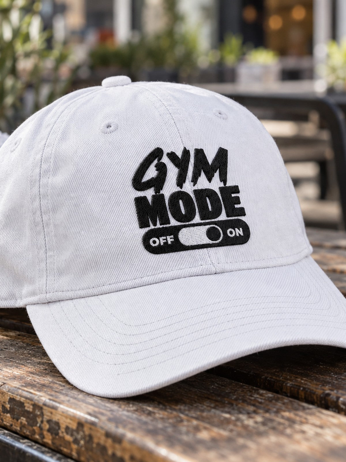 Gym Mode Embroidered Low Profile Baseball Cap – white dad hat, product close-up