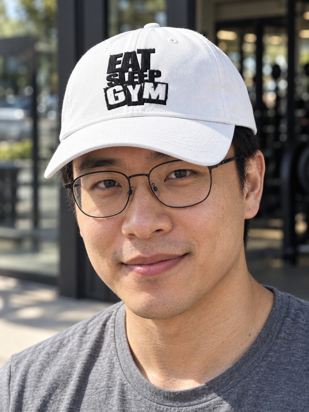 Eat Sleep Gym Embroidered Low Profile Baseball Cap – white dad hat, worn, front view