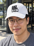 Eat Sleep Gym Embroidered Low Profile Baseball Cap – white dad hat, worn, front view