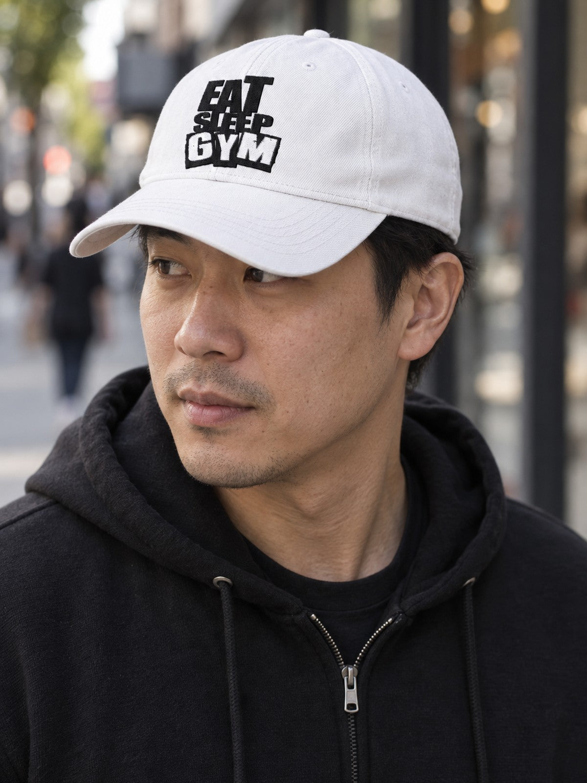 Eat Sleep Gym Embroidered Low Profile Baseball Cap – white dad hat, worn, side view