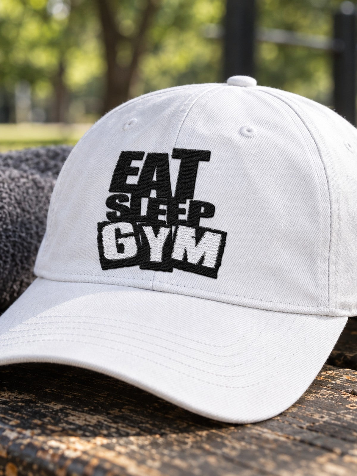 Eat Sleep Gym Embroidered Low Profile Baseball Cap – white dad hat, product close-up