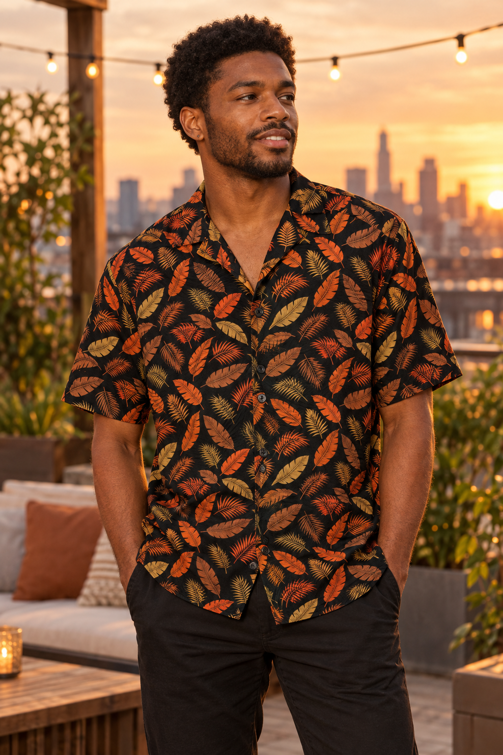 Lava Palm button-up shirt worn out at night