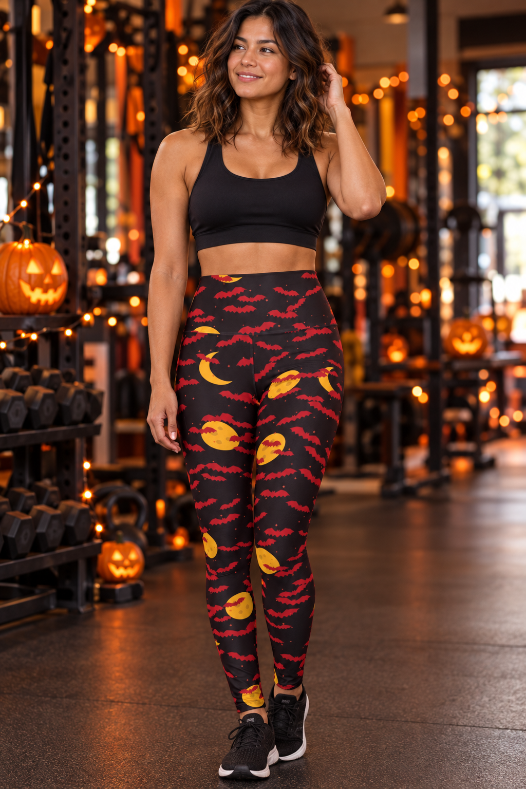 Halloween Blood Moon Bat Swarm women's high-waisted, full-length skinny yoga leggings worn on a model