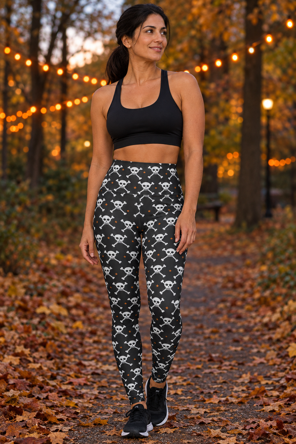 Halloween Graveyard Grey Skull & Crossbones High-Waisted Yoga Leggings