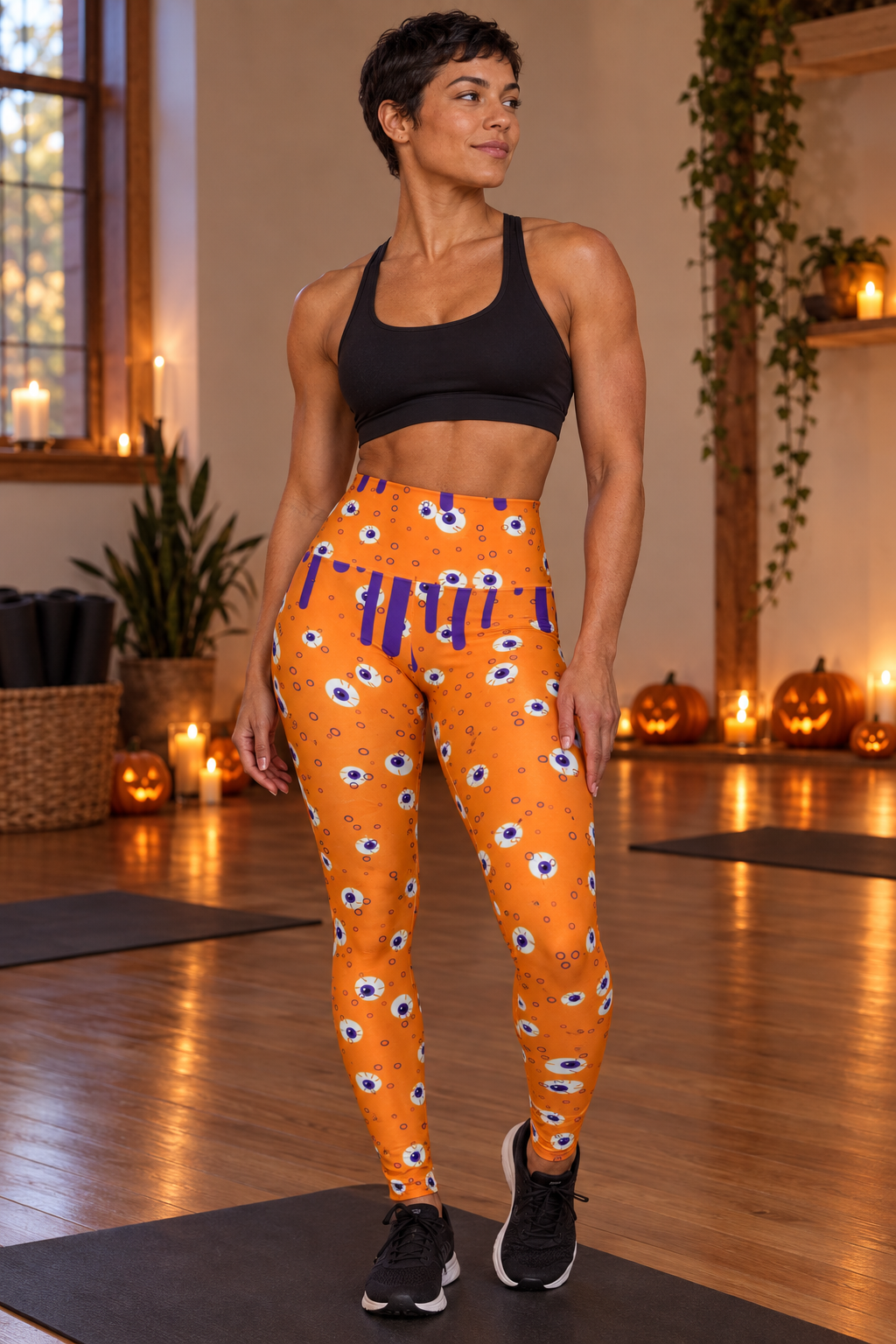 Halloween Pumpkin Orange Slime Drip women's high-waisted, full-length skinny yoga leggings worn on a model