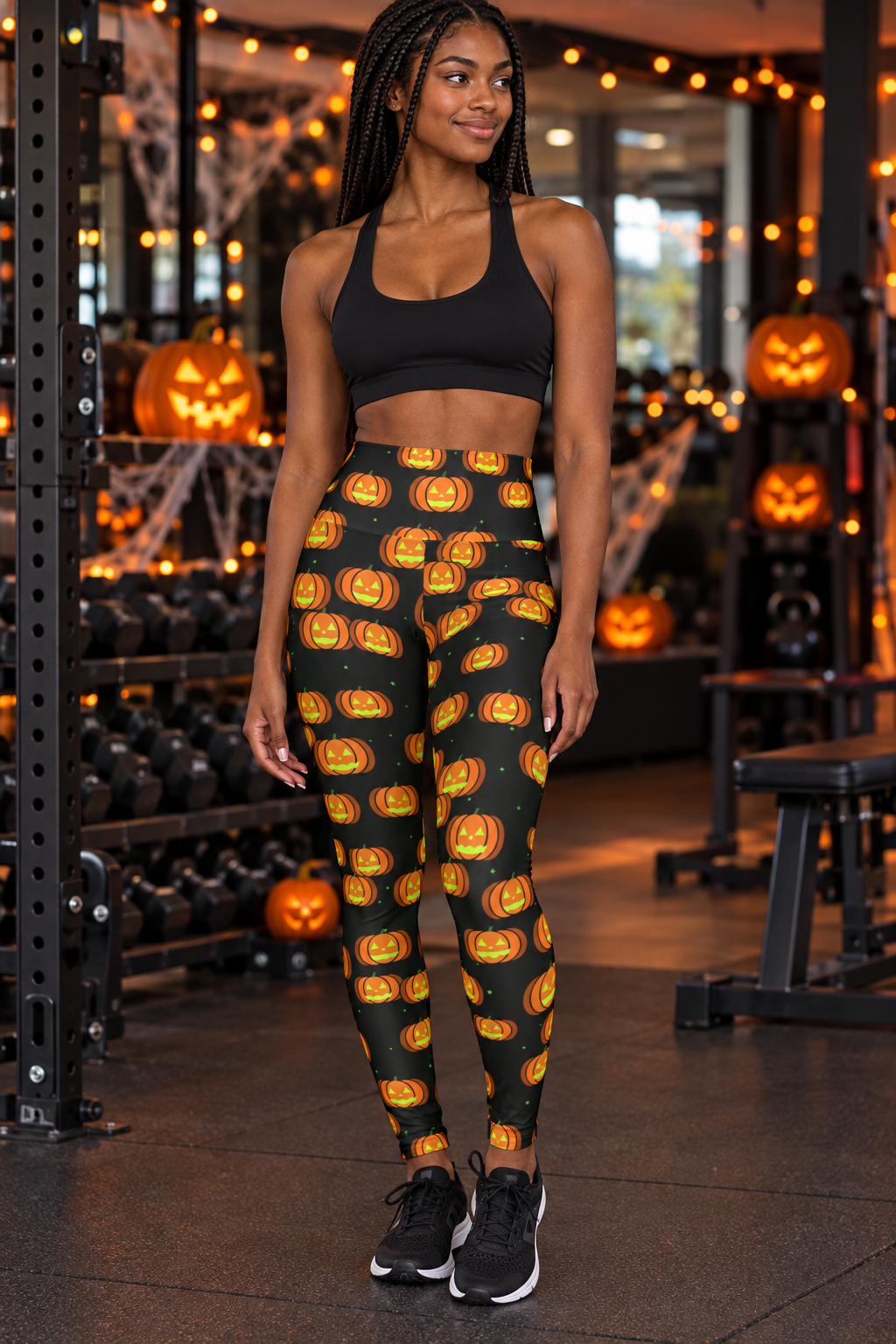 Halloween Toxic Slime Jack-O'-Lantern women's high-waisted, full-length skinny yoga leggings worn on a model