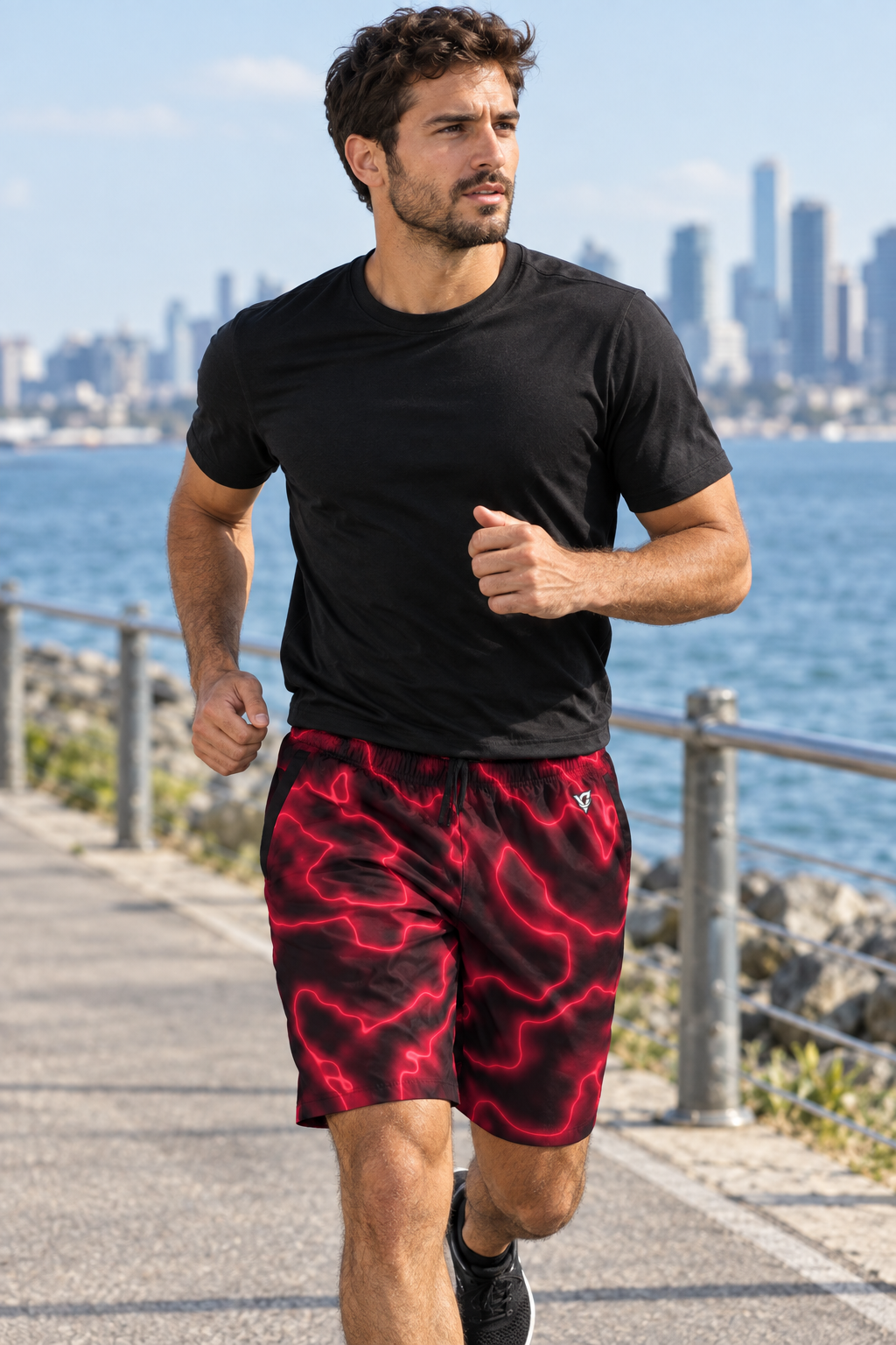 Cherry Marble men's athletic jogger shorts worn on a model