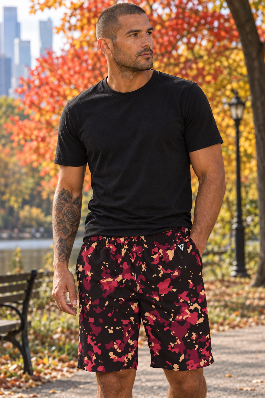 Cranberry Splatter men's athletic jogger shorts worn on a model