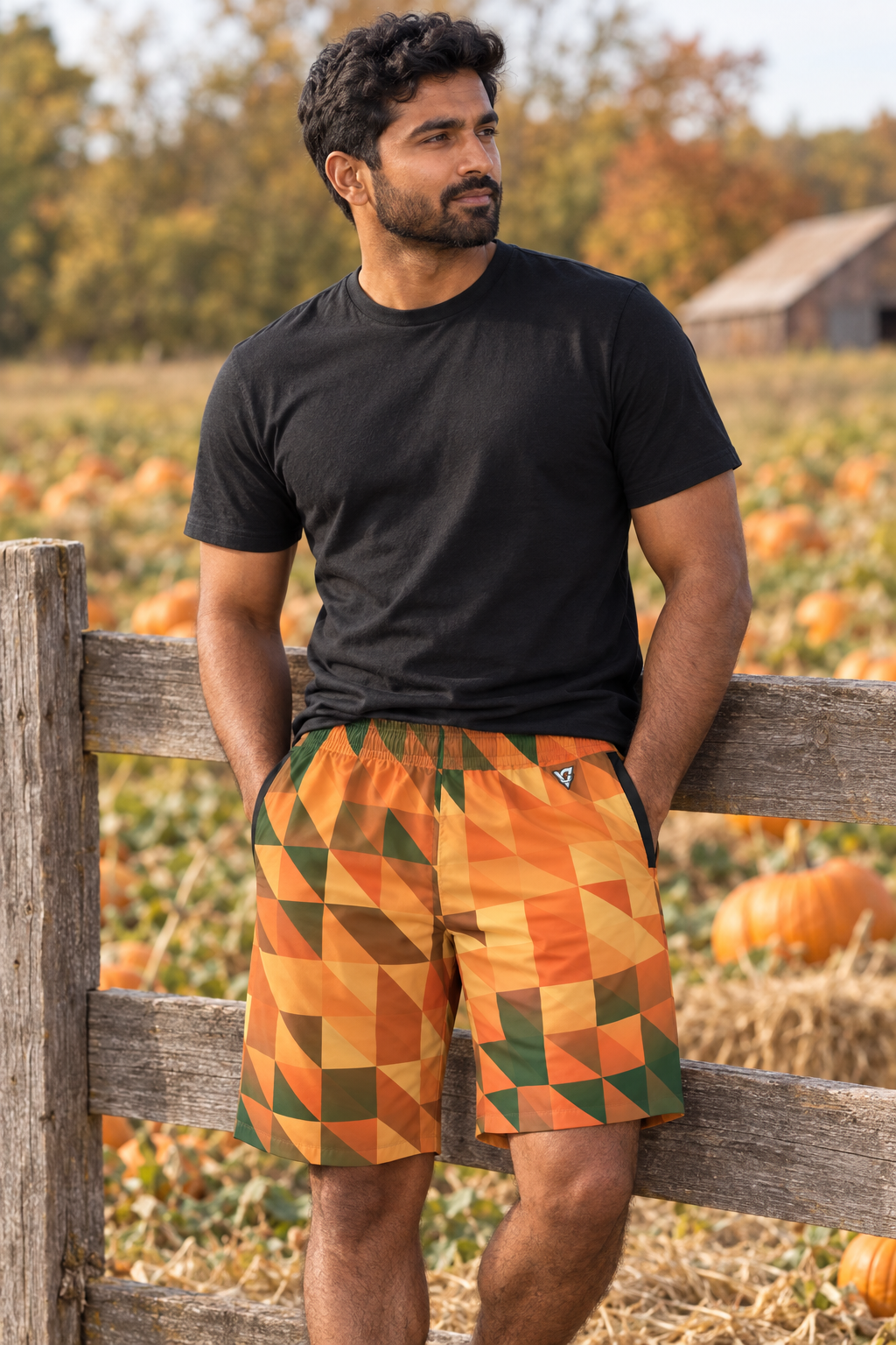 Evergreen Ember Low-Poly men's athletic jogger shorts worn on a model