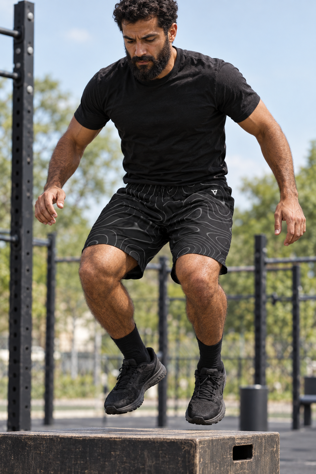 Graphite Topo men's athletic jogger shorts worn on a model