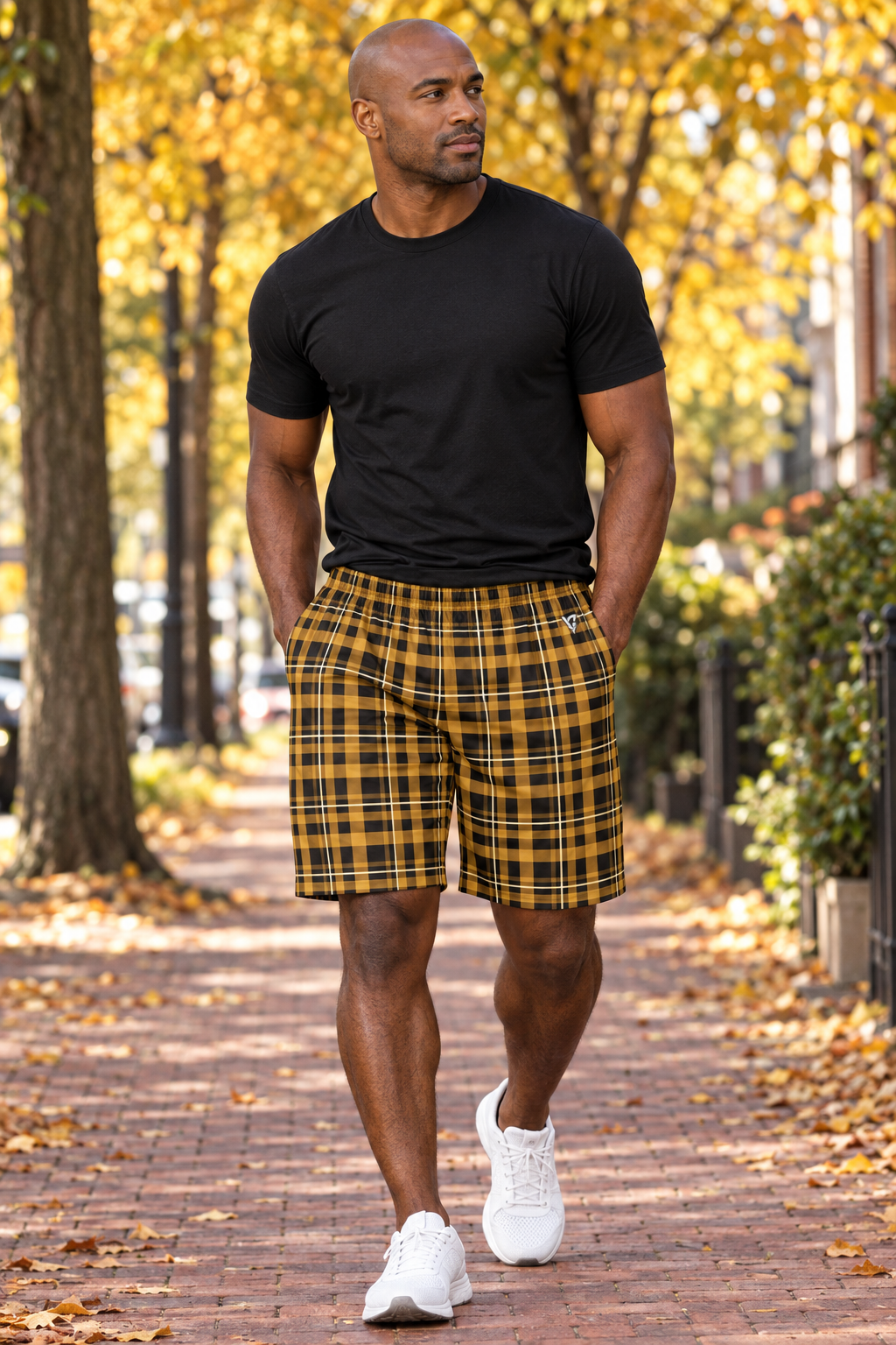 Harvest Gold Flannel men's athletic jogger shorts worn on a model